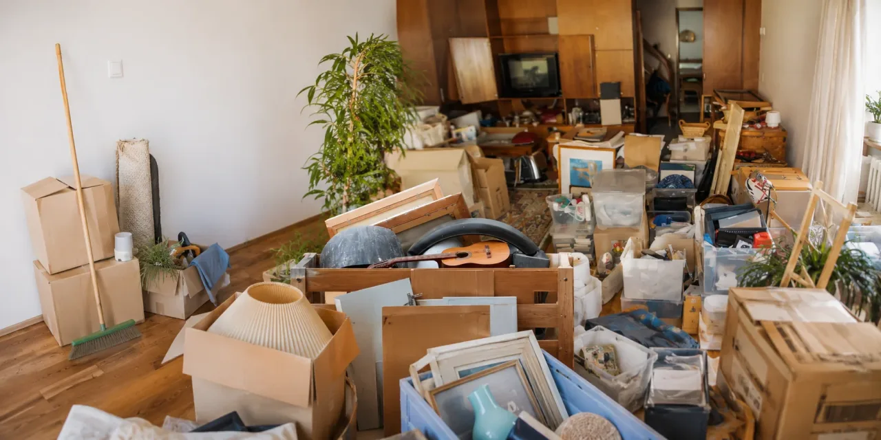 Wohnzimmer mit Kartons und M&ouml;beln vor der R&auml;umung