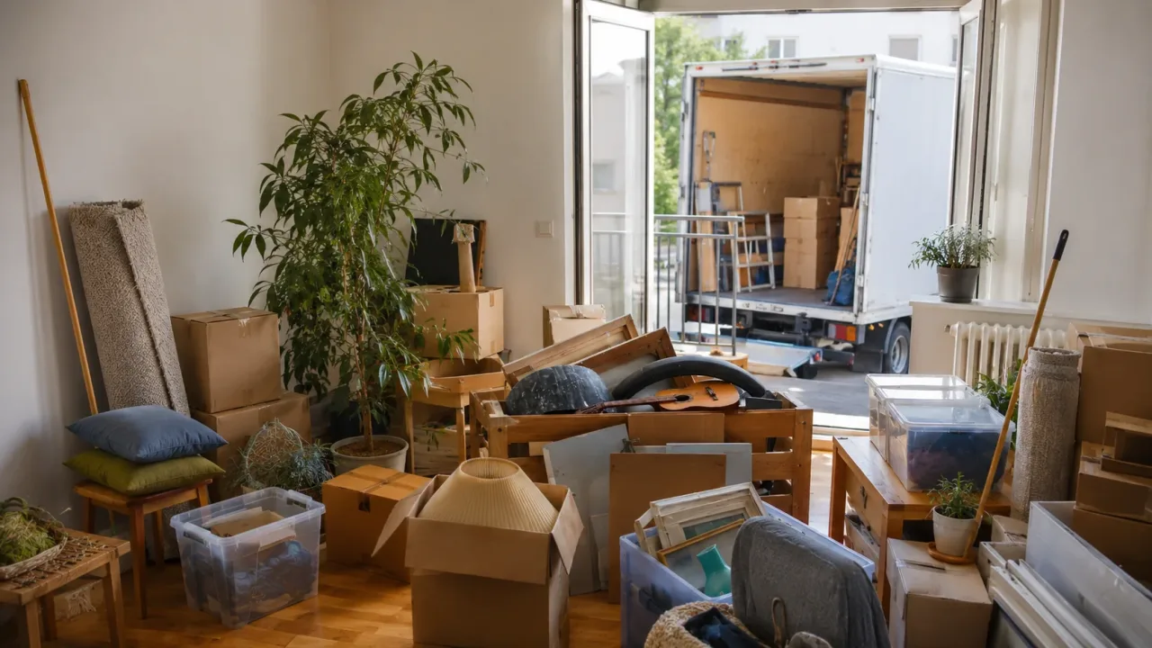 Möbeltransport vor einer Wohnung mit Lieferwagen