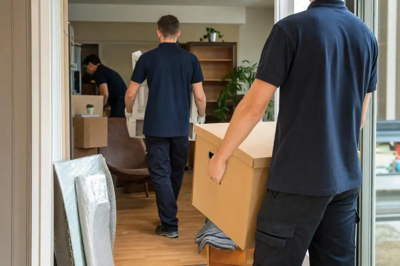 Umzugshelfer tragen Möbel und Kartons in einer Wohnung